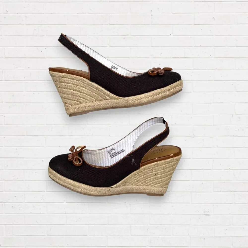 BASS Black Canvas Sling Back Kim Wedge Jute Espadrilles Heels Shoes Womens 7